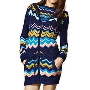 MISSONI Sweater Coat Variegated Classic Zig zag Print Zip Up Hooded Small